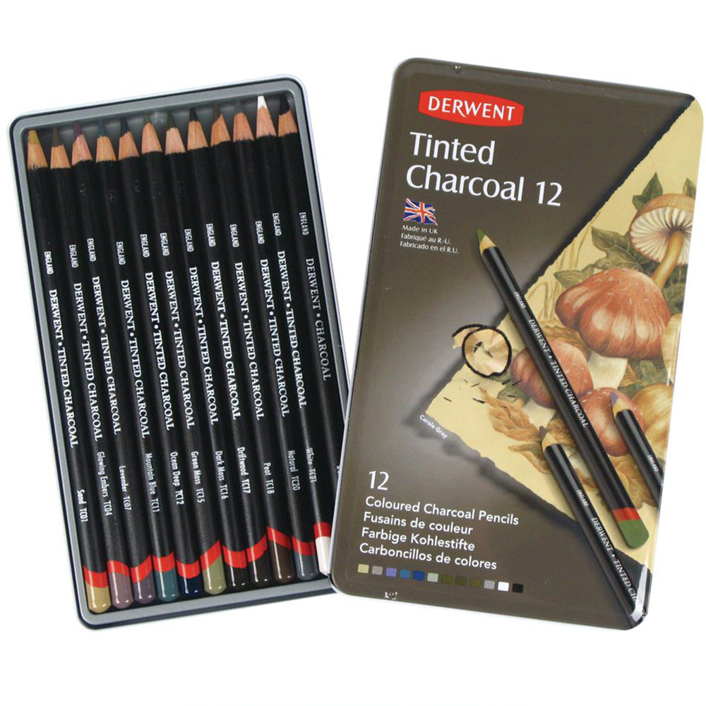 Derwent Tinted Charcoal Pencil 12'li Teneke Kutu (Renkli Kömür Kalem)