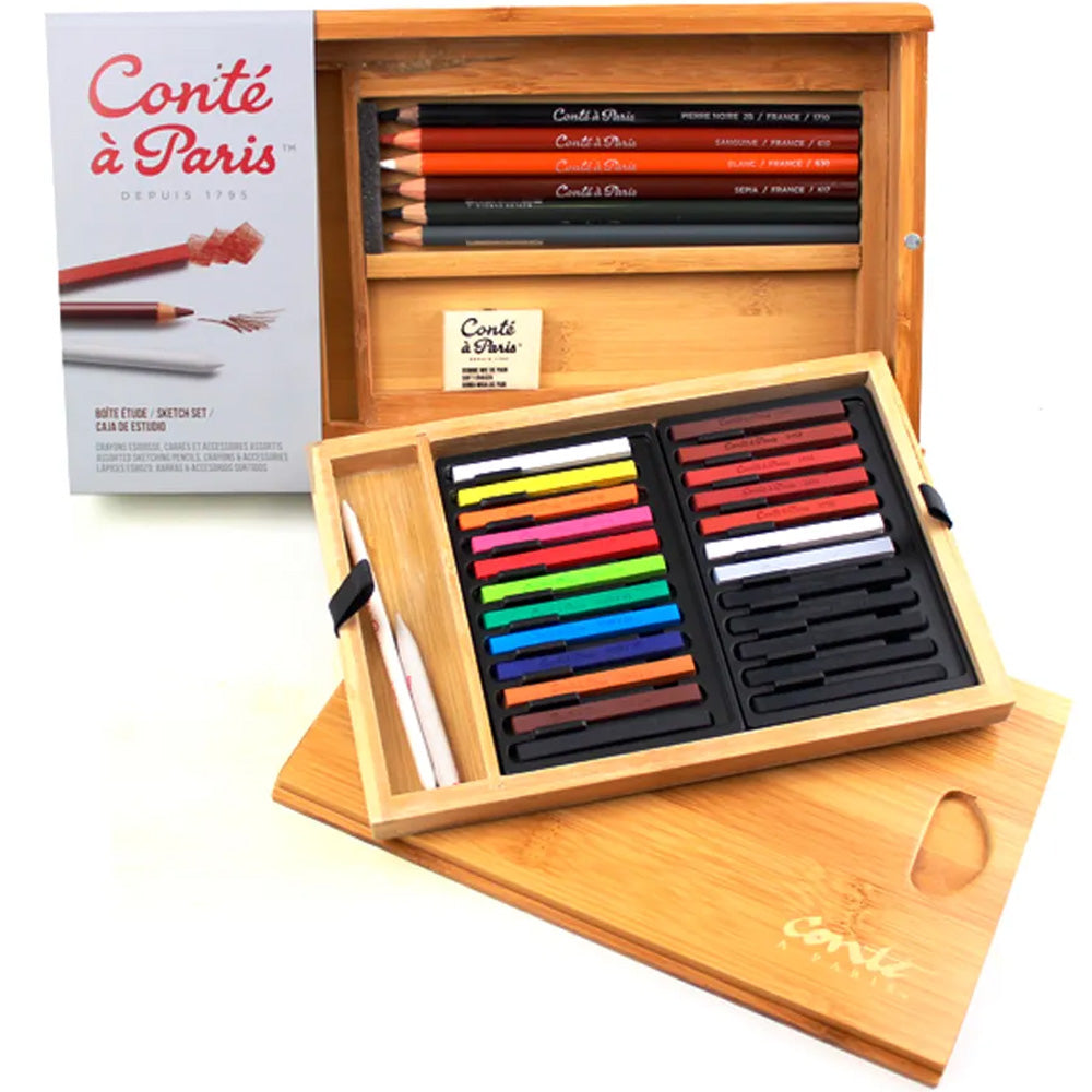 Conte a Paris Carre Stick Pastel Seti Bambu Kutu (12 Renk+12 Eskiz Boyası+6 Kalem + Aksesuarlar)