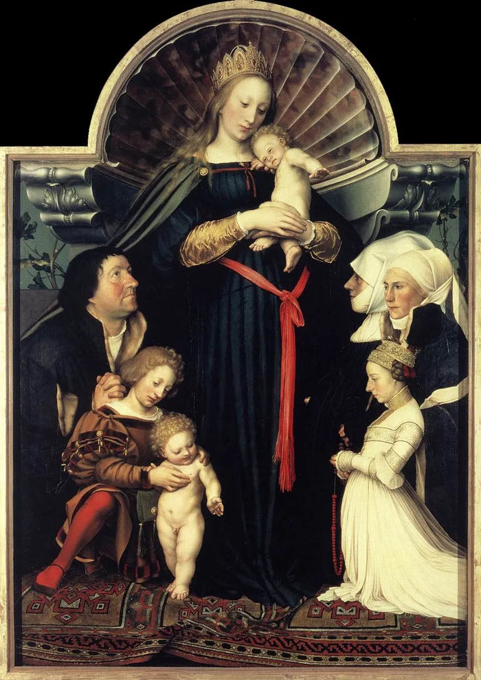 Darmstadt Madonna / Madonna of Jakob Meyer zum Hasen<br>
Ahşap üzerine yağlı boya<br>146,5 × 102 cm<br>1526–1530 
