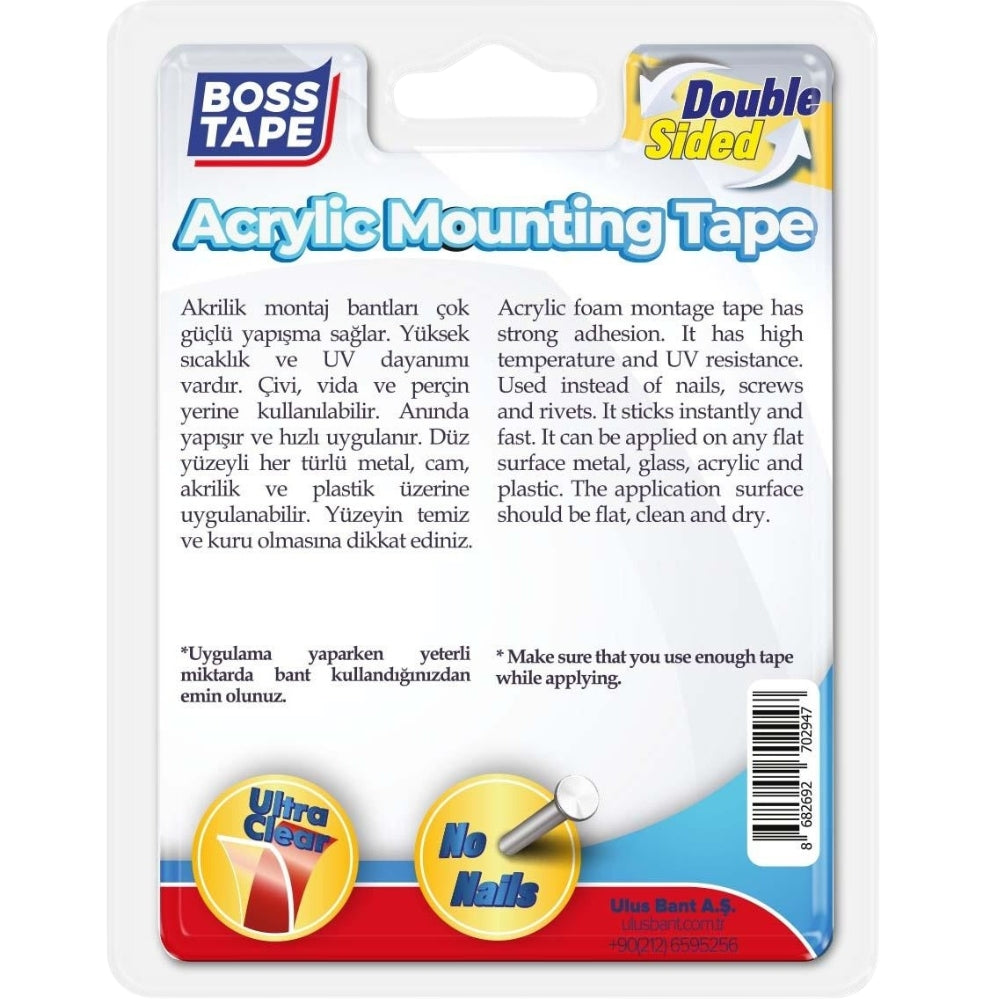 Boss Tape Çift Taraflı Akrilik Montaj Bandı 18mmx2m
