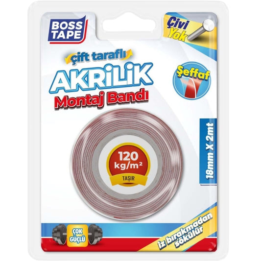 Boss Tape Çift Taraflı Akrilik Montaj Bandı 18mmx2m