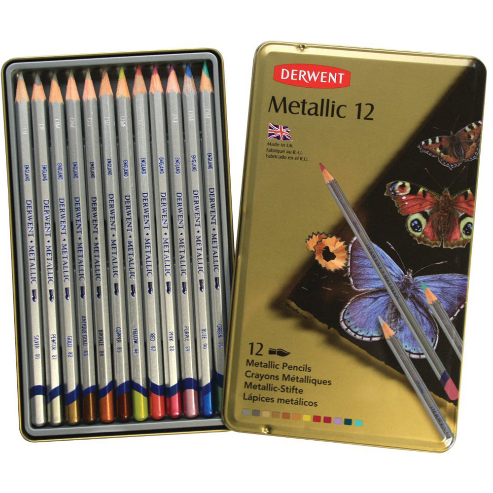 Derwent Metallic Pencil 12'li Teneke Kutu (Metalik Boya Kalemi)