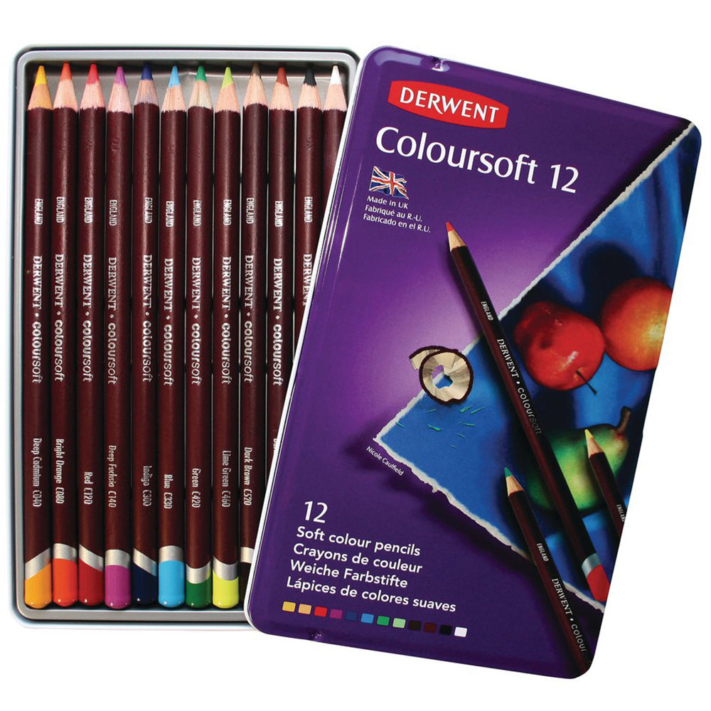 Derwent Coloursoft Pencil 12'li Teneke Kutu (Yumuşak Kuru Boya Kalemi)
