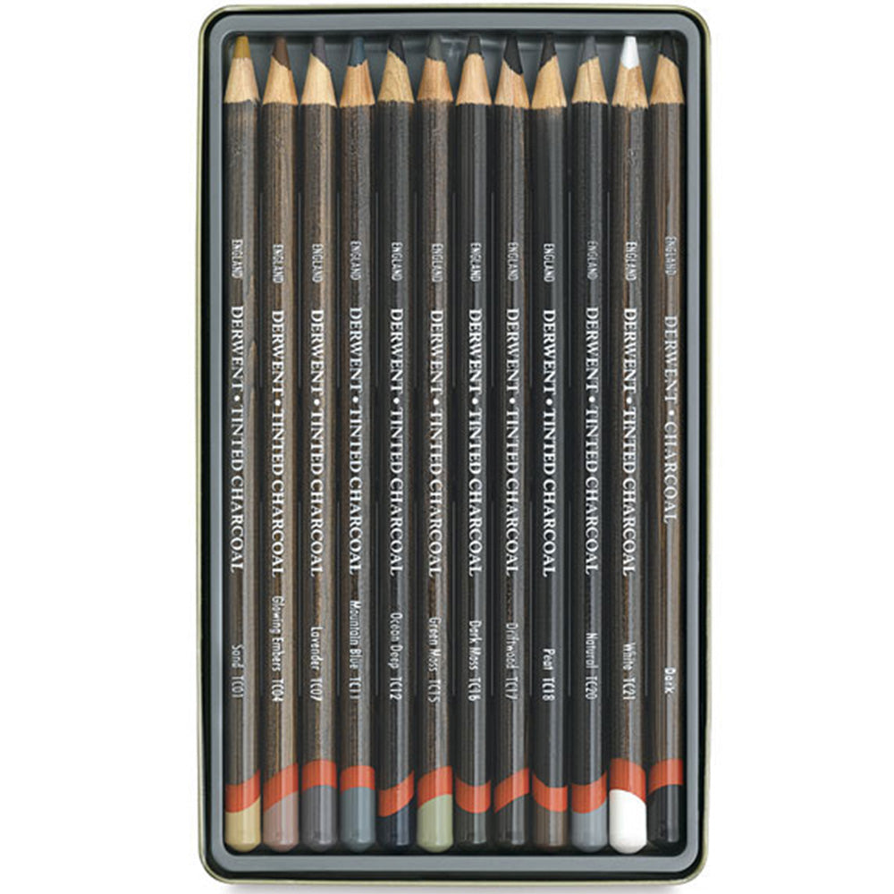 Derwent Tinted Charcoal Pencil 12'li Teneke Kutu (Renkli Kömür Kalem)