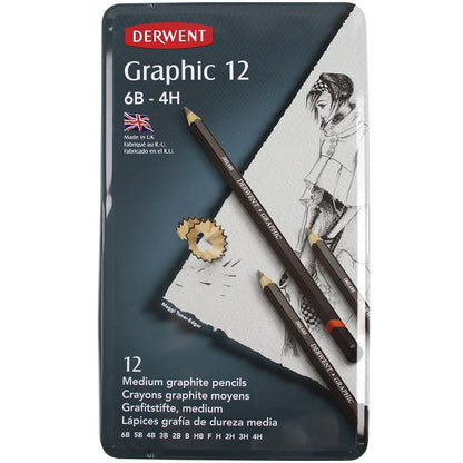Derwent Graphic Pencil 12'li Teneke Kutu Medium (Dereceli Kalem)(Dengeli Uçlar)