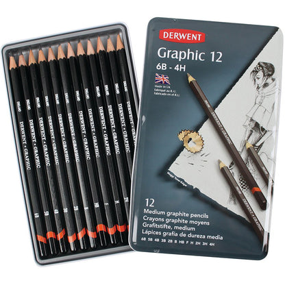 Derwent Graphic Pencil 12'li Teneke Kutu Medium (Dereceli Kalem)(Dengeli Uçlar)