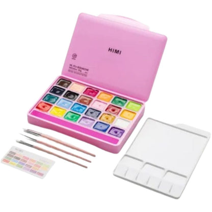 HIMI Twin Cup Gouache Set 24'lü+3 Brushes (Pink Case Edition)
