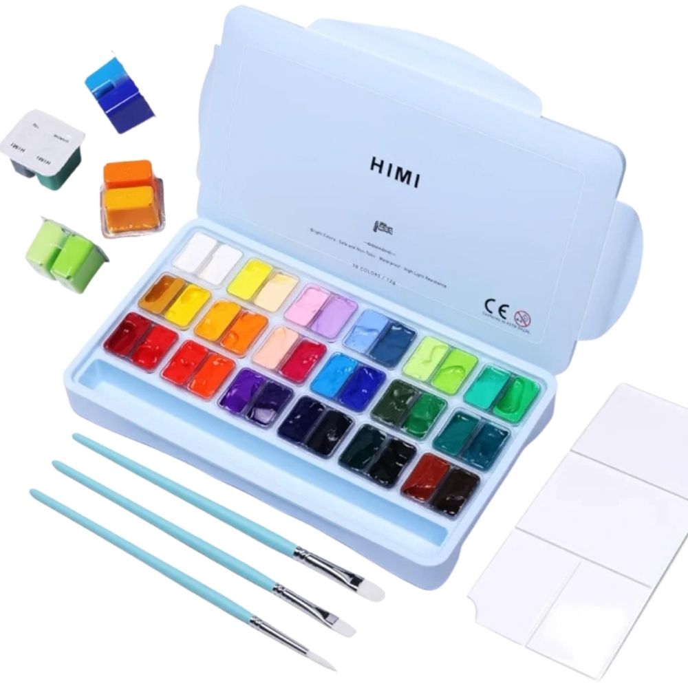 HIMI Twin Cup Gouache Set 36'lı+3 Brushes (Ice Blue Case Edition)