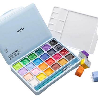 HIMI Twin Cup Gouache Set 24'lü+3 Brushes (Ice Blue Case Edition)
