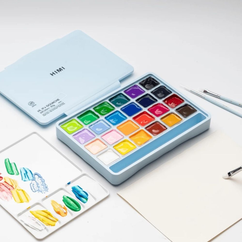 HIMI Twin Cup Gouache Set 24'lü+3 Brushes (Ice Blue Case Edition)