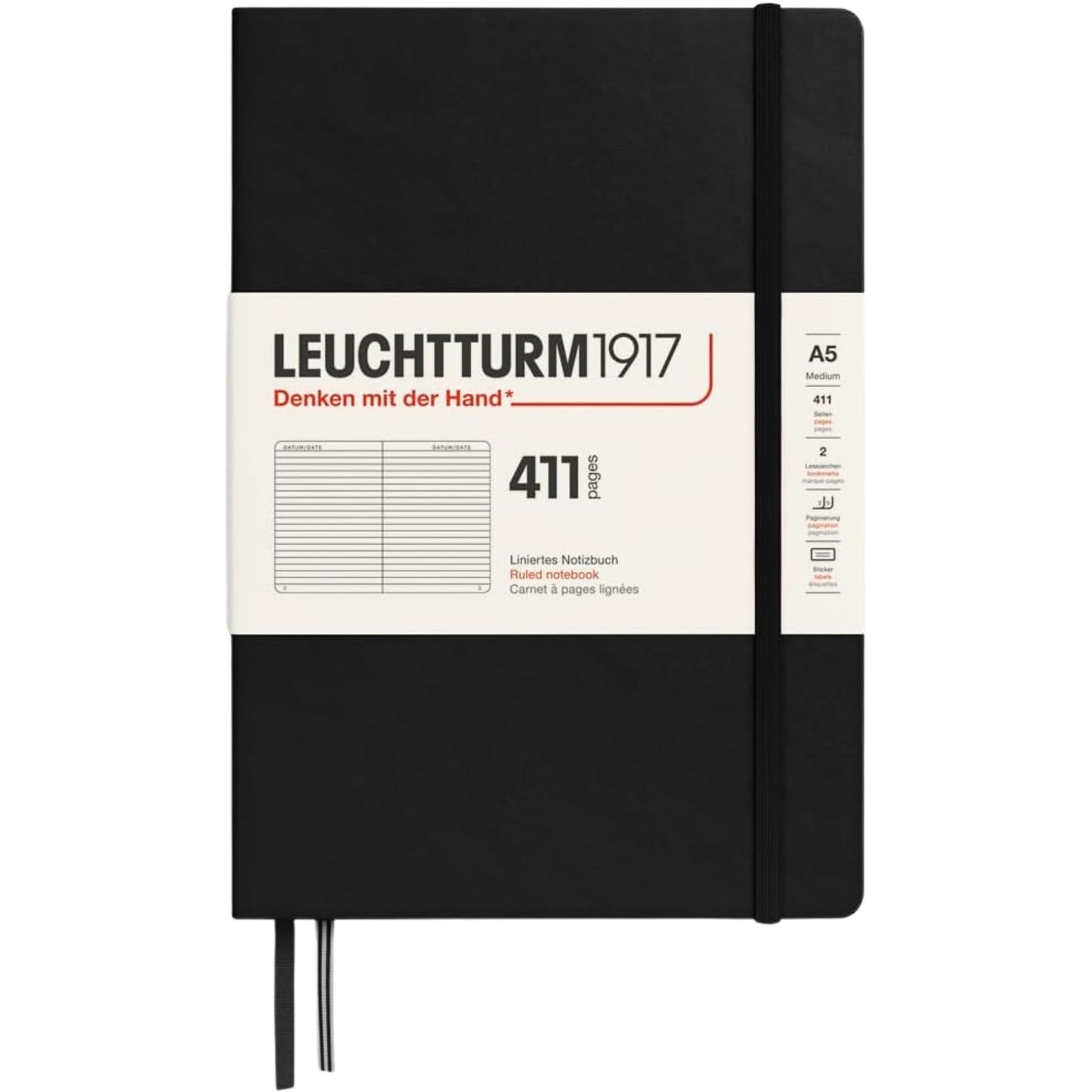 Leuchtturm 1917 Notebook Medium A5 Hardcover 411 Pages Ruled Black