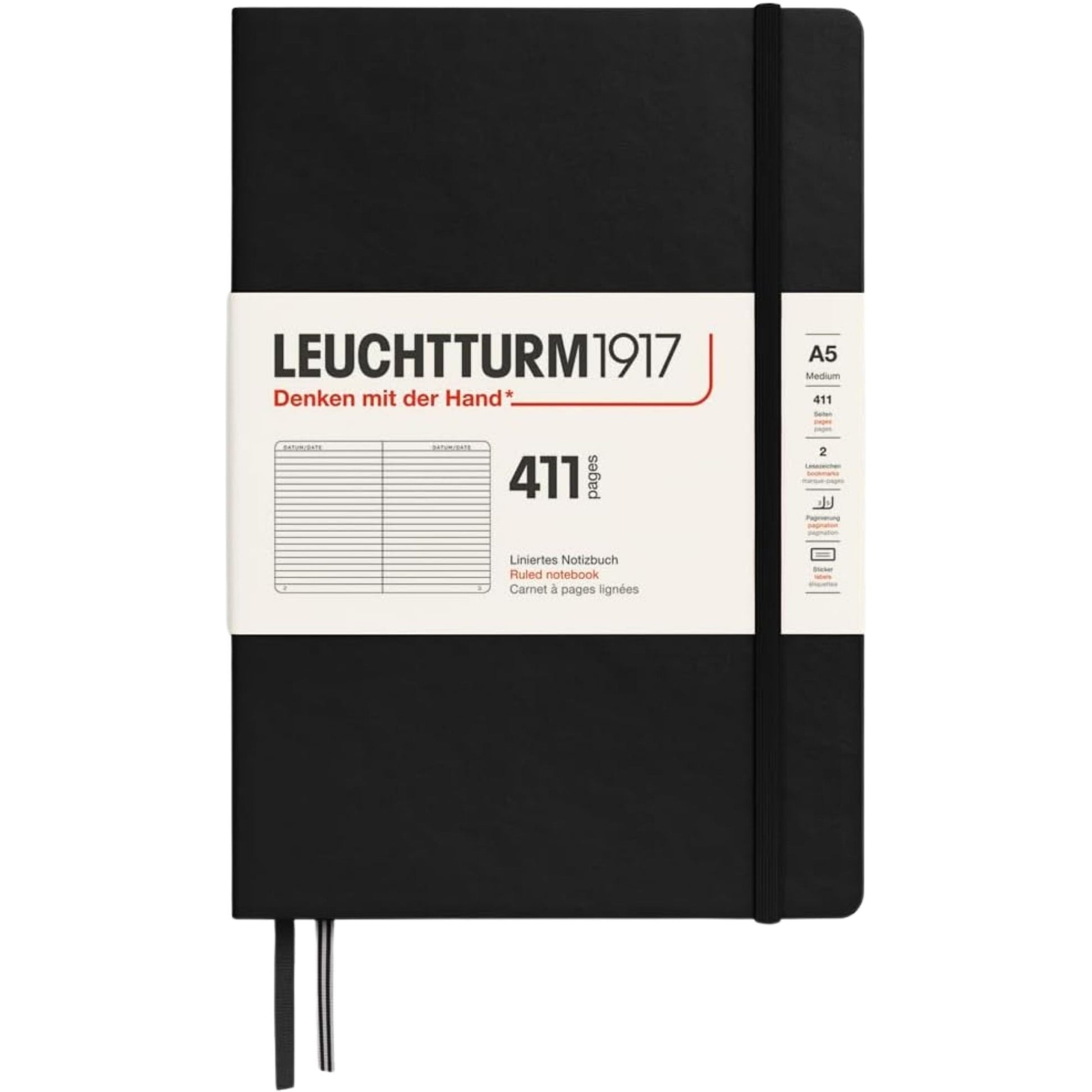 Leuchtturm 1917 Notebook Medium A5 Hardcover 411 Pages Ruled Black