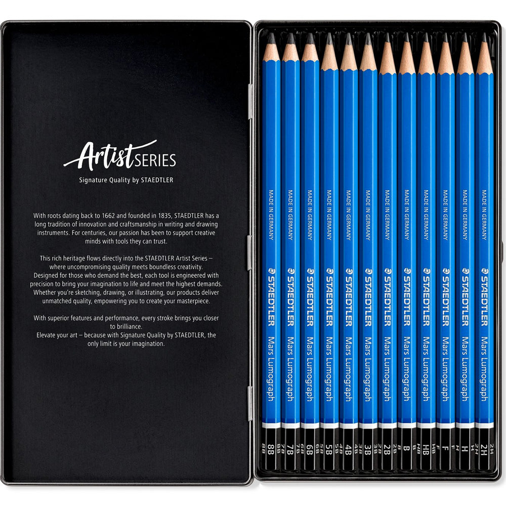 Staedtler Lumograph Mars Kurşun Kalem 12'li Metal Kutu (8B-7B-6B-5B-4B-3B-2B-B-HB-F-H-2H)
