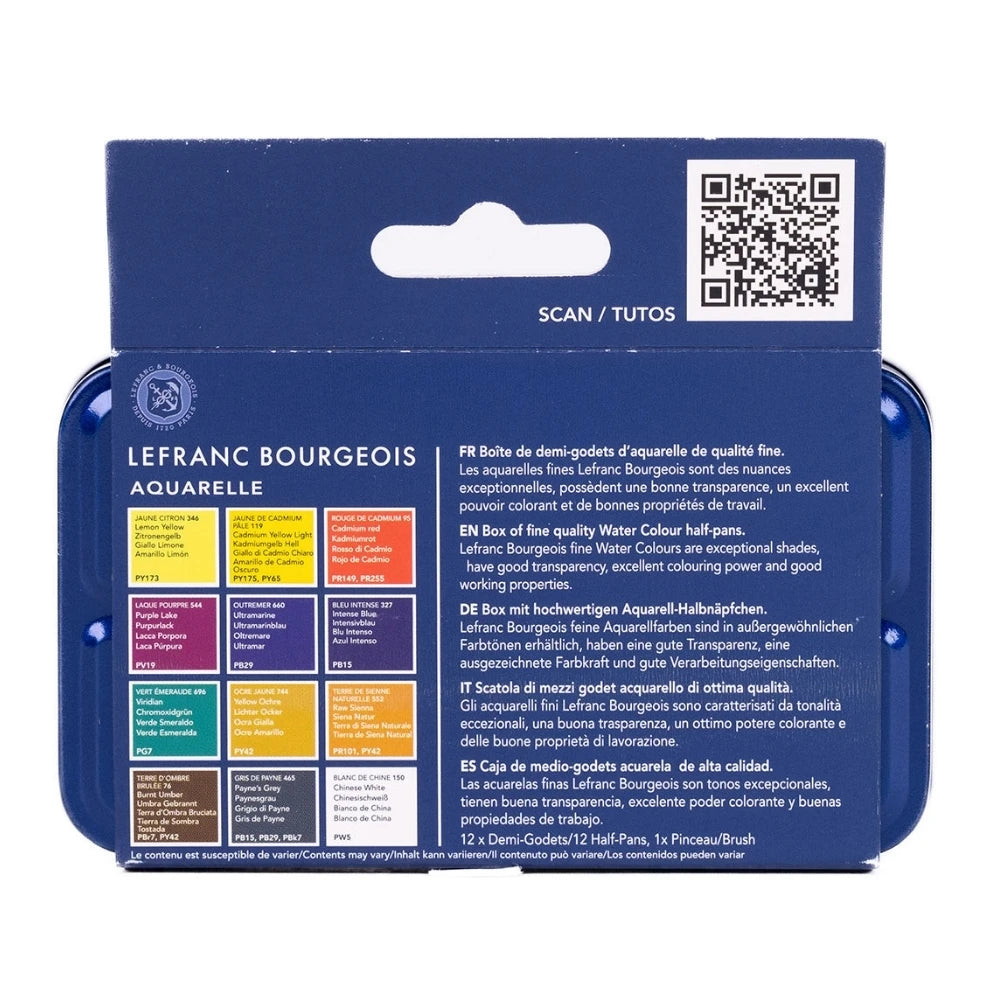 Lefranc Bourgeois Fine Sulu Boya Seti Metal Kutulu (12xYarım Tablet + Cep Tipi Fırça)