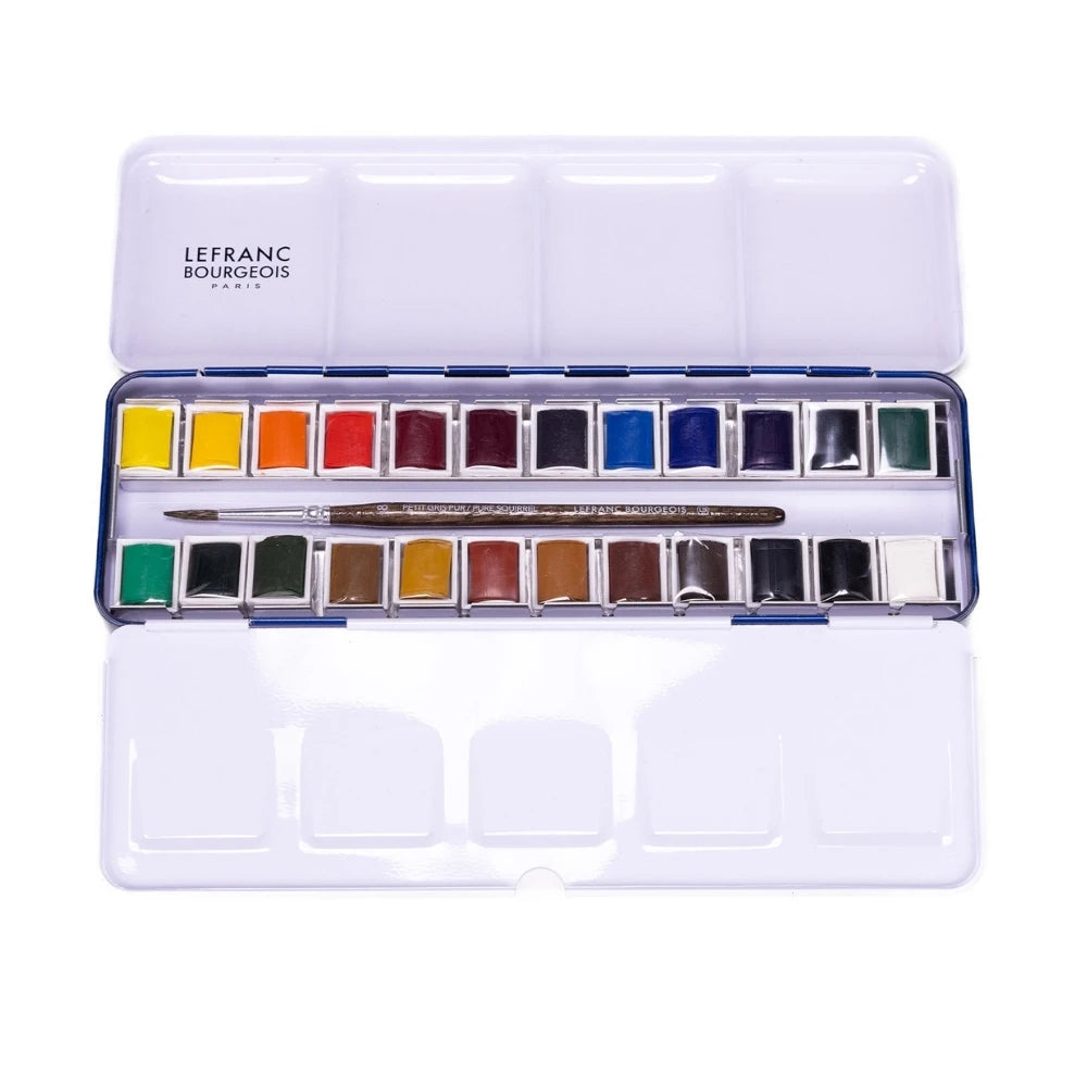 Lefranc Bourgeois Fine Sulu Boya Seti Metal Kutulu (24xYarım Tablet + Sincap Kılı Fırça)