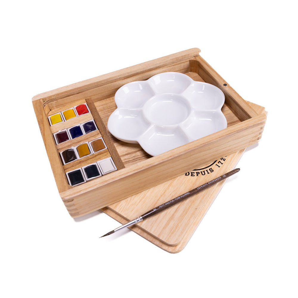 Lefranc Bourgeois Fine Sulu Boya Seti Ahşap Kutulu (12xYarım Tablet + Fırça + Palet)