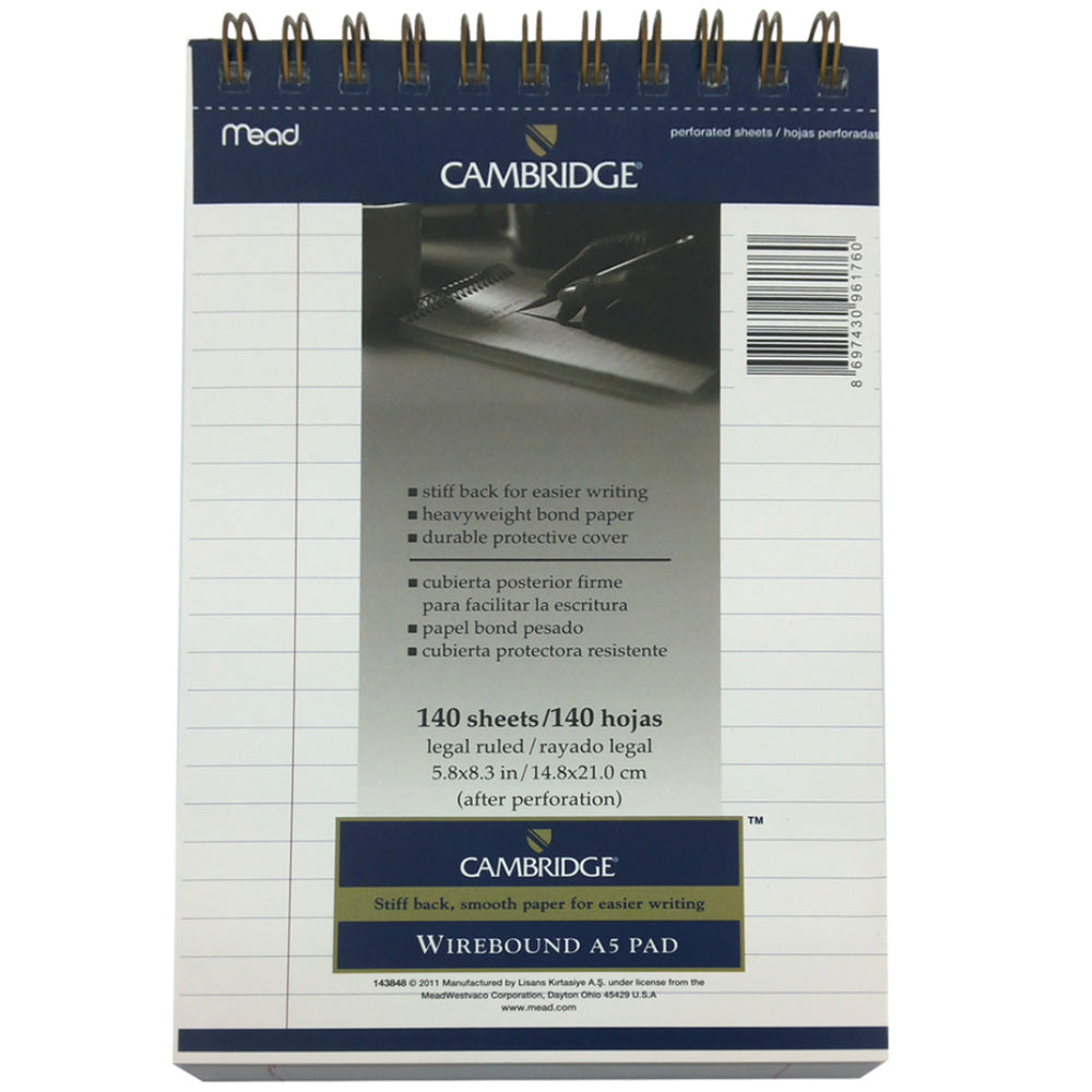Mead Cambridge Çizgili Bloknot (Tel Spiralli) A5 140 Yaprak Beyaz