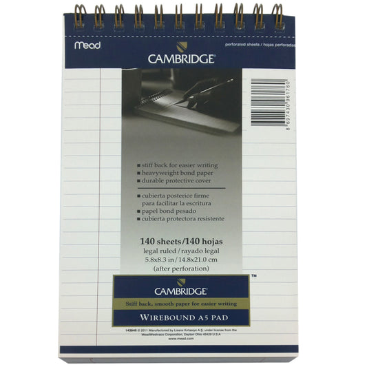 Mead Cambridge Çizgili Bloknot (Tel Spiralli) A5 140 Yaprak Beyaz