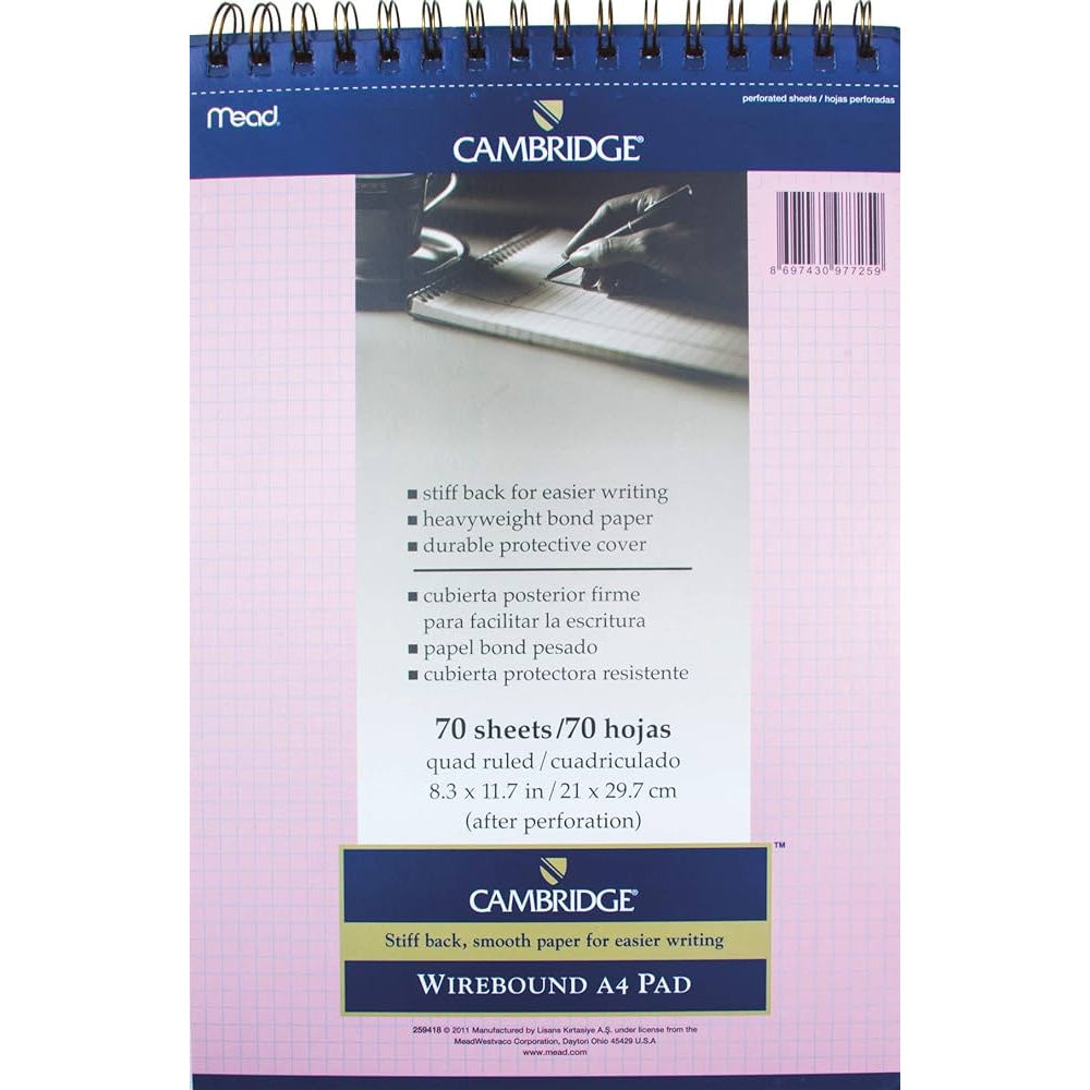Mead Cambridge Kareli Bloknot (Tel Spiralli) A4 70 Yaprak Pembe