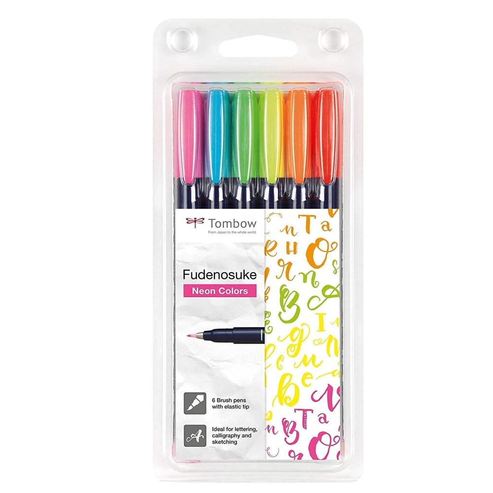 Tombow FUDENOSUKE Colors Sert Fırça Uçlu Çizim & Kaligrafi Kalemi Seti (6 renk) Neon