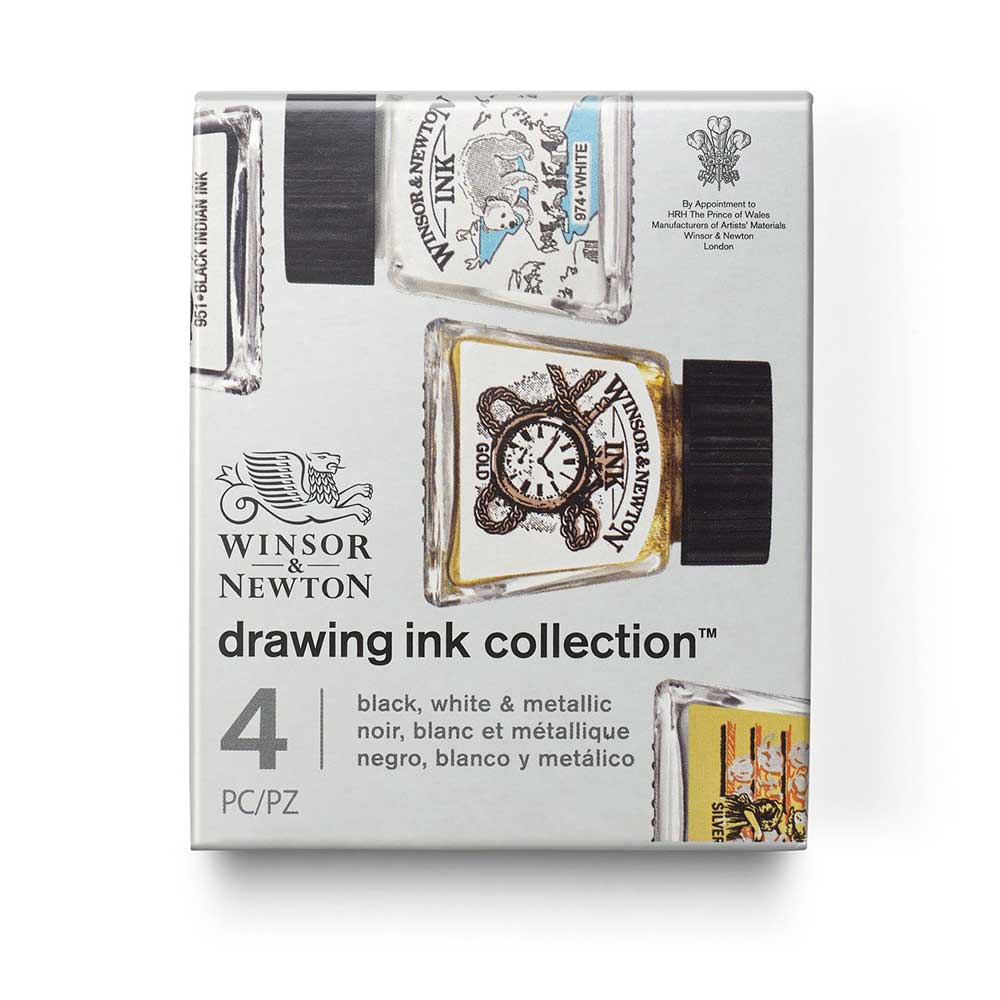 Winsor & Newton Drawing Ink Collection 4'lü Set Siyah,Beyaz,Metalik