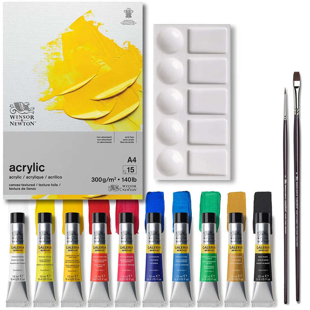 Winsor & Newton Galeria Akrilik Boya Seti (10 x 12ml Akrilik Boya Seti + Fırça + Bloknot + Palet)
