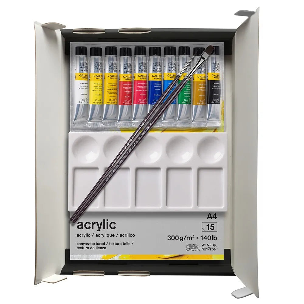 Winsor & Newton Galeria Akrilik Boya Seti (10 x 12ml Akrilik Boya Seti + Fırça + Bloknot + Palet)