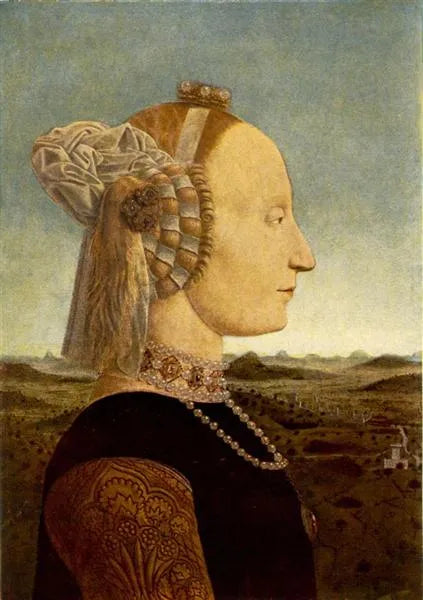 Portrait of Battista Sforza / Battista Sforza’nın Portresi <br>
Ahşap panel üzerine yağlı boya <br>
47 × 33 cm <br>
Yaklaşık 1473–1475