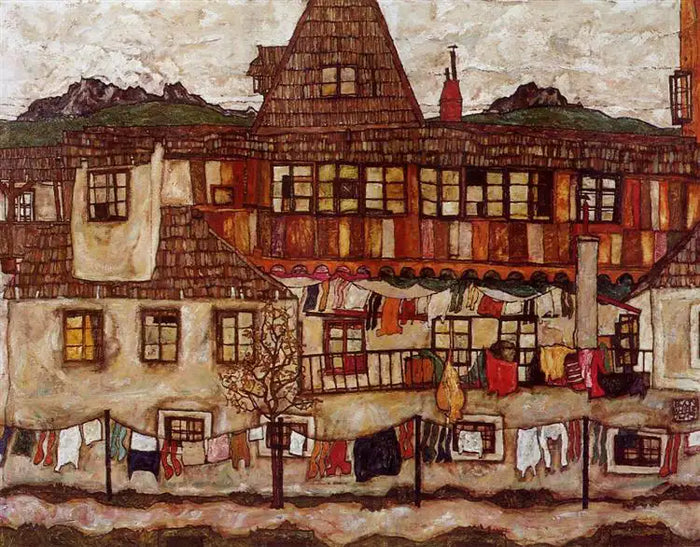House with Drying Laundry (Çamaşır Asılı Ev) - 1917 - Tuval üzerine yağlı boya; Kaynak:WikiArt